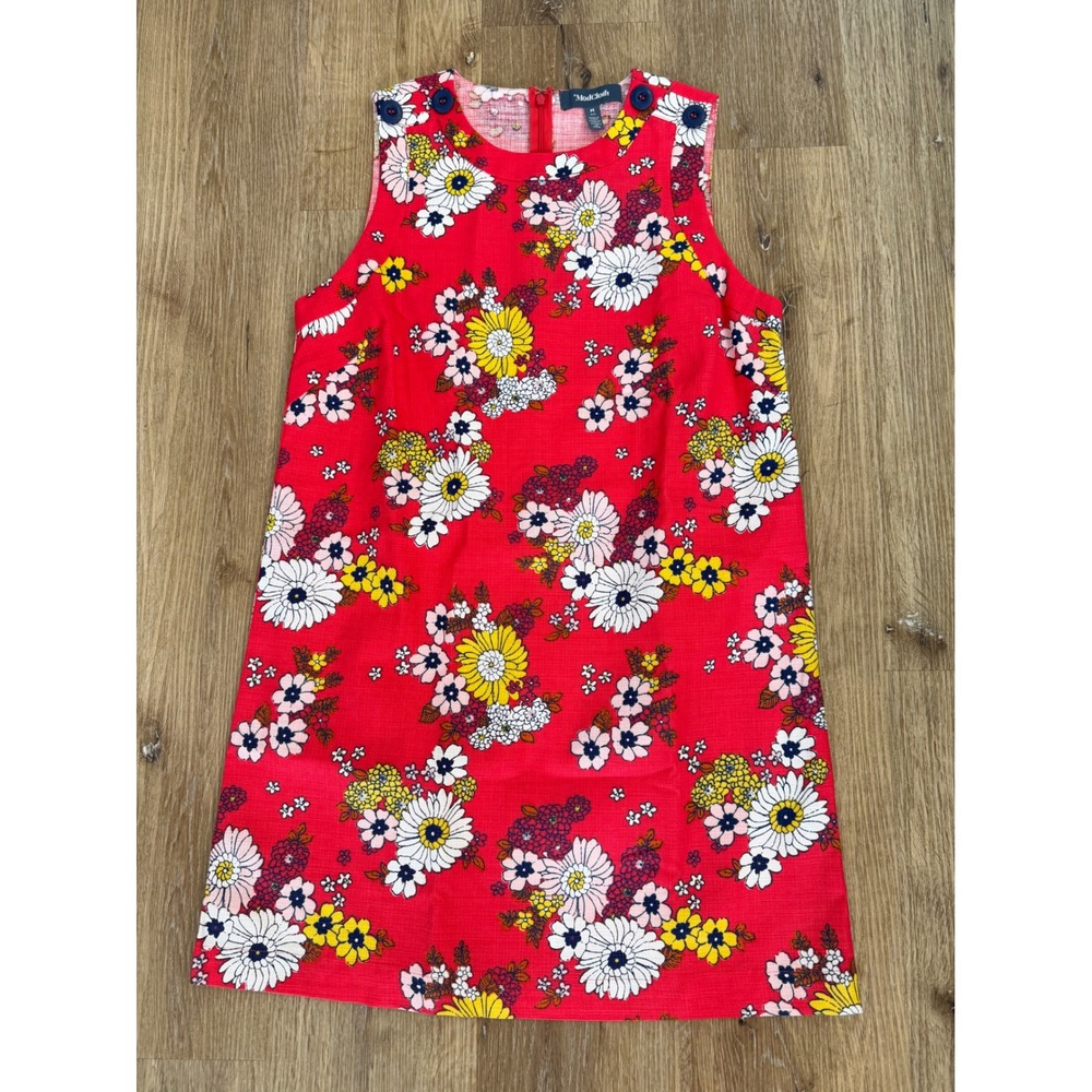 ModCloth Floral Daisy Shift Dress Womens Medium Red 60s Style Sleeveless Cotton